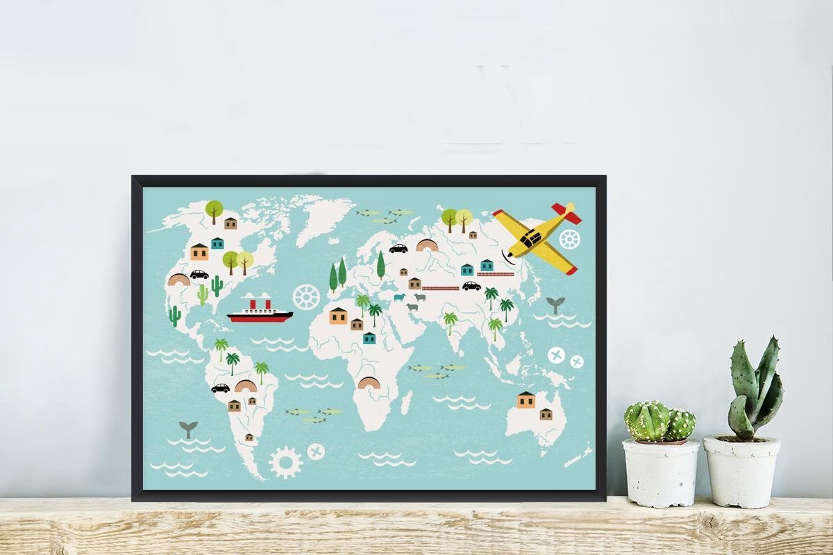 Wereldkaart Kinderen - Vliegtuig - Natuur - Schoolplaat - Kinderkamer - 60x40 cm