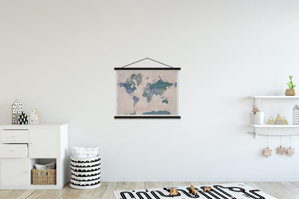 Wereldkaart - Vintage - Paars schoolplaat platte latten zwart