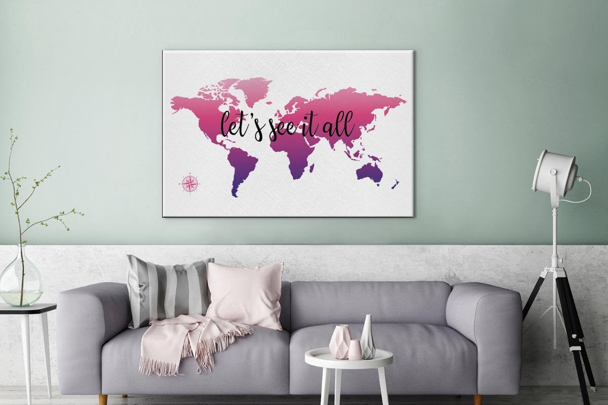 Canvas Schilderijen - Wereldkaart - Roze - Kompas - 180x120 cm - Wanddecoratie XXL
