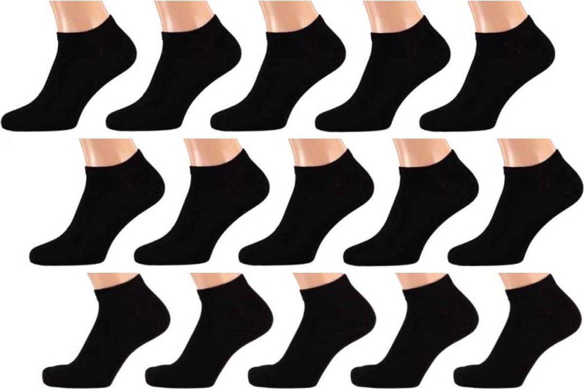 Sneakersokken - Katoen - Multipack - 15 Paar - Zwart - Maat 36-41