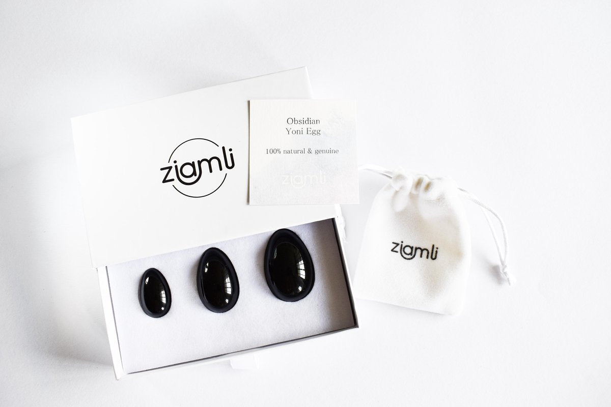 Ziamli Yoni eggs (Yoni eiren) - Set van 3 - Yoni egg (Yoni ei) - 100% Obsidiaan - Drilled  - Certified