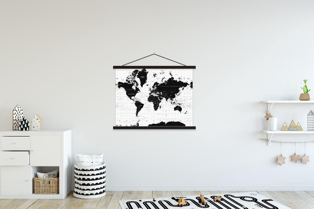 Wereldkaart - Zwart - Wit - Atlas schoolplaat platte latten zwart