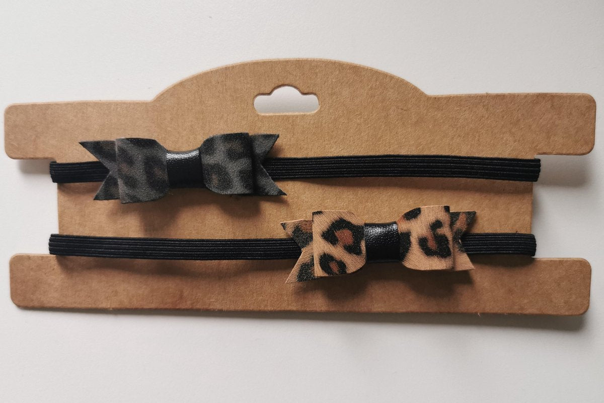 Leopard | Luipaardprint | Bruin & Grijze Haarband met Strik|Meisje 1 tot 6 jaar | Baby Meisje | Set van 2
