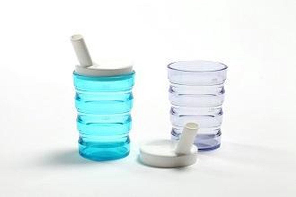 1 Rillenbeker met 2 drinktuitjes 200 ml - transparant blauw