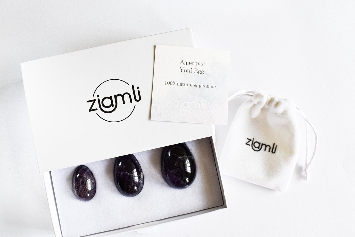 Ziamli Yoni eggs (Yoni eieren)  - Set van 3 - Yoni egg (Yoni ei) - 100% Amethist - Drilled - Gecertificeerd