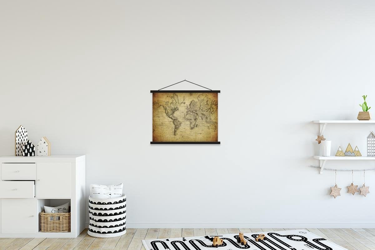 Wereldkaart - Vintage - Antiek schoolplaat platte latten zwart