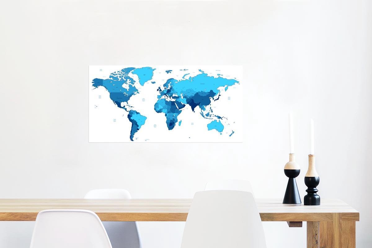 Muurdecoratie - Wereldkaart - Kleurrijk - Blauw - 80x40 cm - Poster