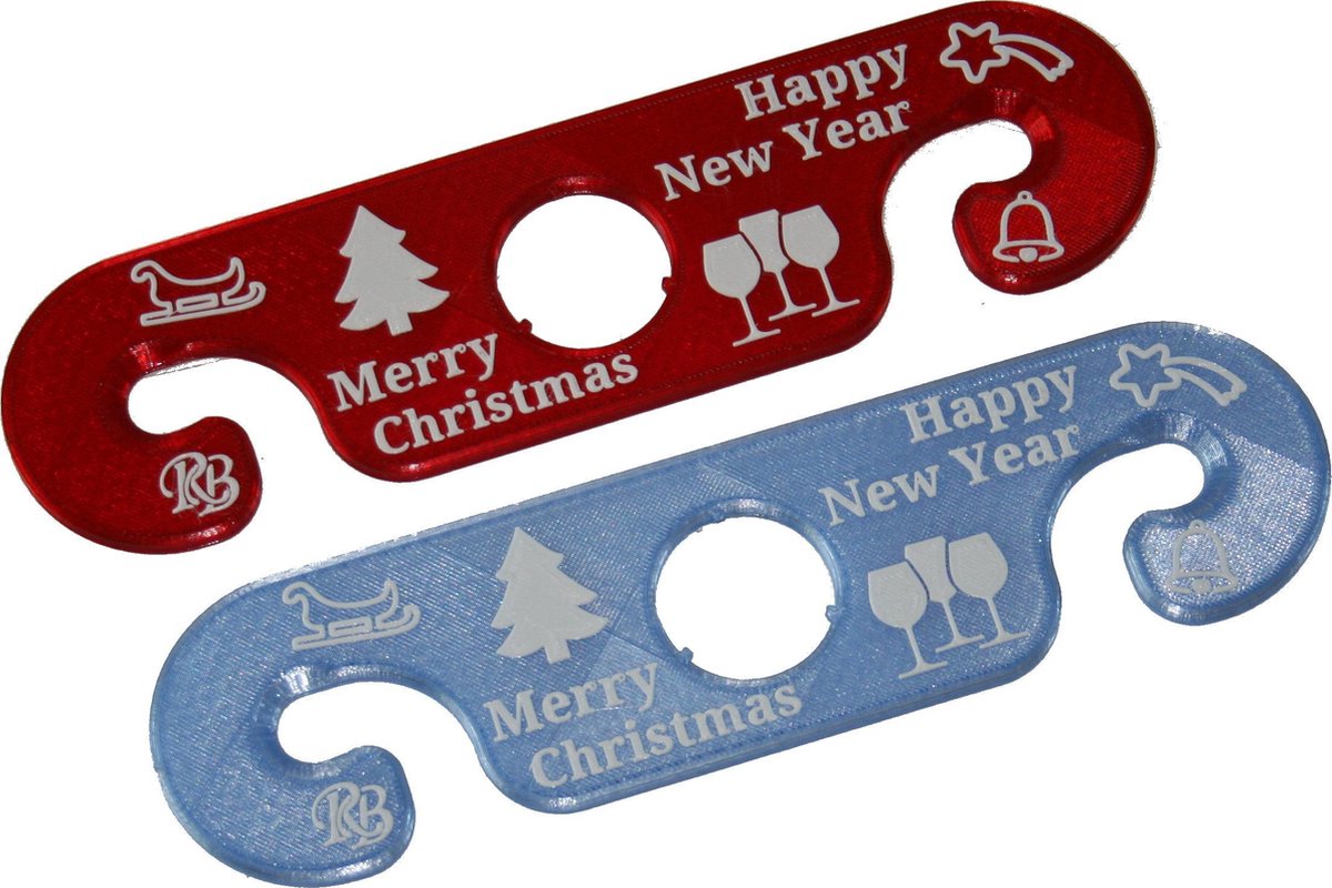 Wijnbutler / Wijnglasdrager - set van 2 - Merry Christmas & Happy New Year - blauw/rood