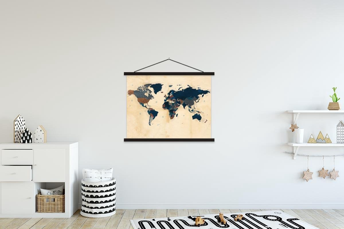 Wereldkaart - Vintage - Papyrus schoolplaat platte latten zwart