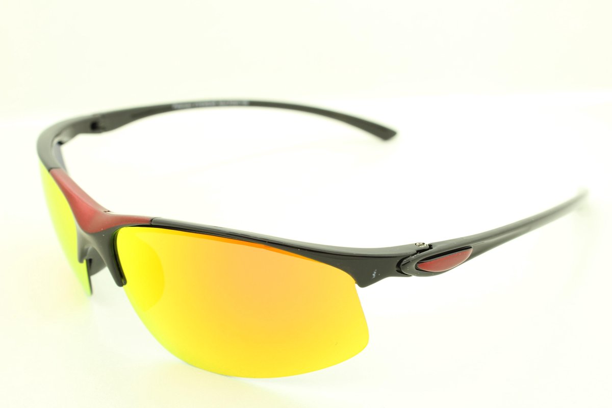 Sportbril met zwart en rood montuur - spiegelglas. P 20-1109.GEPOLARISEERD.