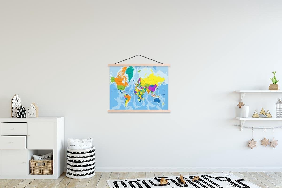 Wereldkaart - Kleuren - Letters schoolplaat platte latten blank