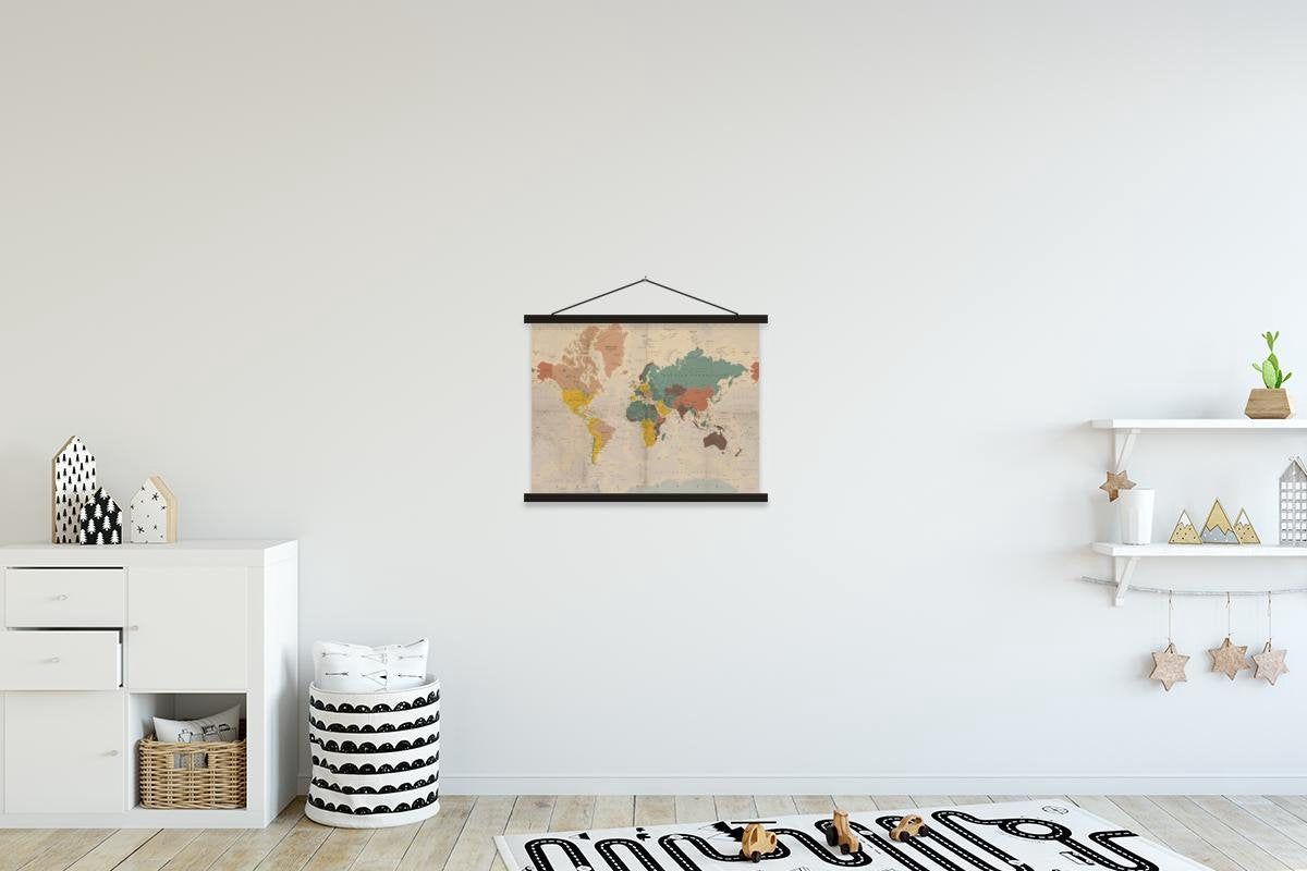 Wereldkaart - Vintage - Atlas schoolplaat platte latten zwart