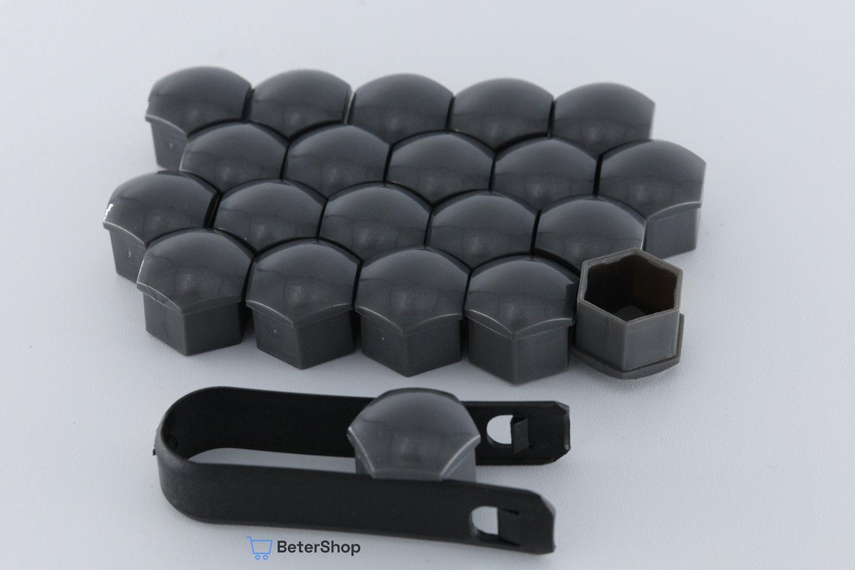 Wielmoerkapjes 21 mm - Grijs / Antraciet Glans - Kunststof - Set van 20 stuks incl. tweezer tool - Tesla 3
