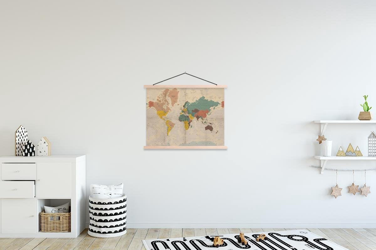 Wereldkaart - Vintage - Atlas schoolplaat platte latten blank