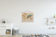 Wereldkaart - Vintage - Atlas schoolplaat platte latten blank