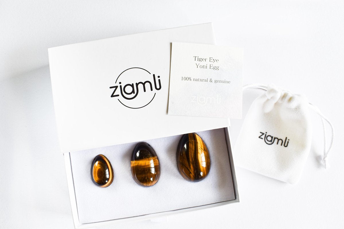 Ziamli Yoni eggs (Yoni eiren) - Set van 3 - Yoni egg (Yoni ei) - 100% Tigeroog (Tiger eye) - Drilled - Certified