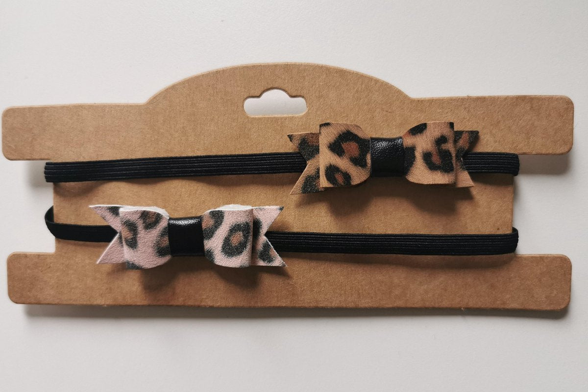 Leopard | Luipaardprint | Bruin & Roze Haarband met Strik|Baby 3 maanden tot 1 jaar | Baby Meisje | Set van 2
