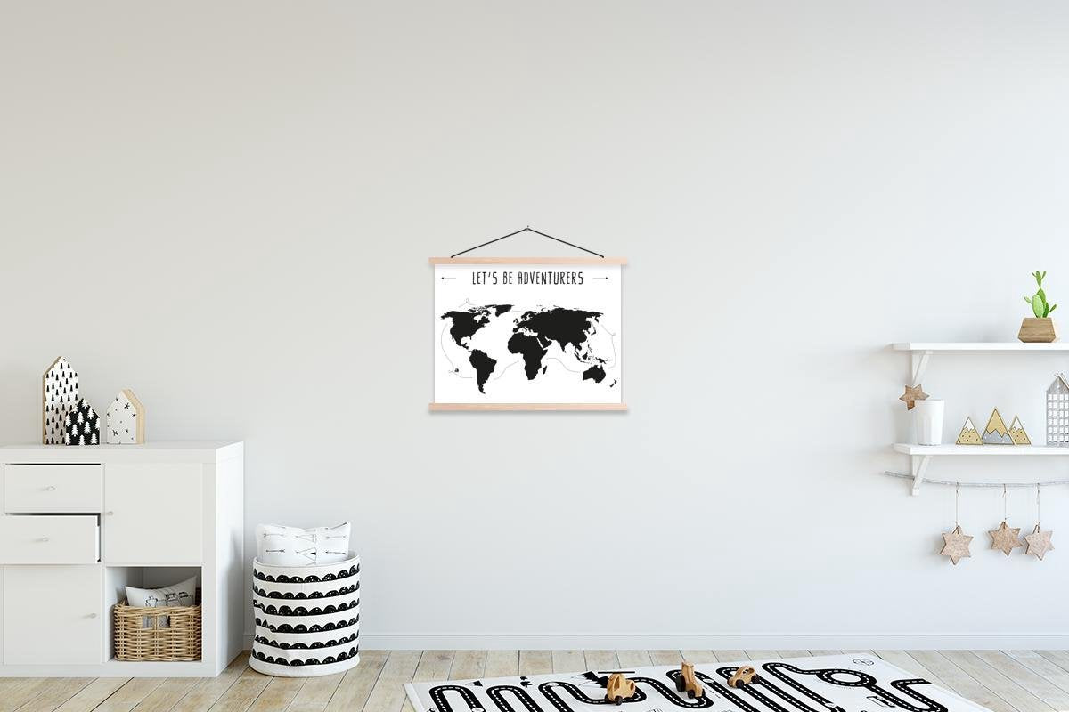 Wereldkaart - Quote - Zwart - Wit schoolplaat platte latten blank