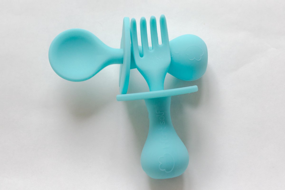 Wallsy Baby Bestek Siliconen Vork En Lepel | Oefenbestek / Babyservies | Helpt baby’s en peuters zelfstandig eten | Ideale Cadeau| Blauw