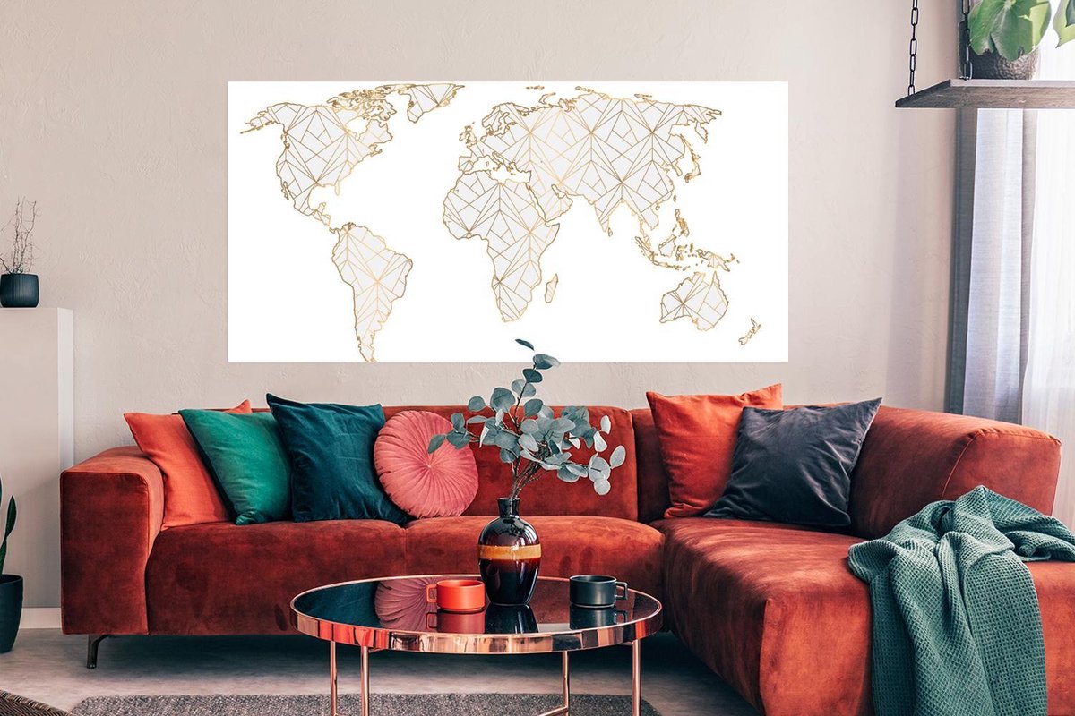 Wereldkaarten - Wereldkaart - Lijn - Goud - 160x80 cm