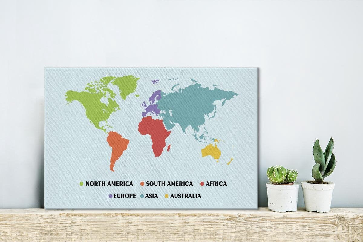 Canvas Schilderijen - Wereldkaart Kinderen - Trendy - Kleuren - 30x20 cm - Wanddecoratie