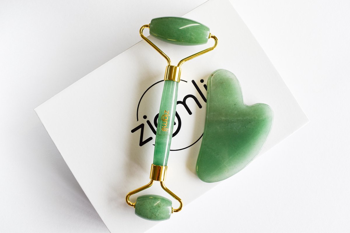 Ziamli aventurijn Gezicht roller + Gua sha schraper - 100% aventurijn - Gezicht massage - Premium quality aventurine