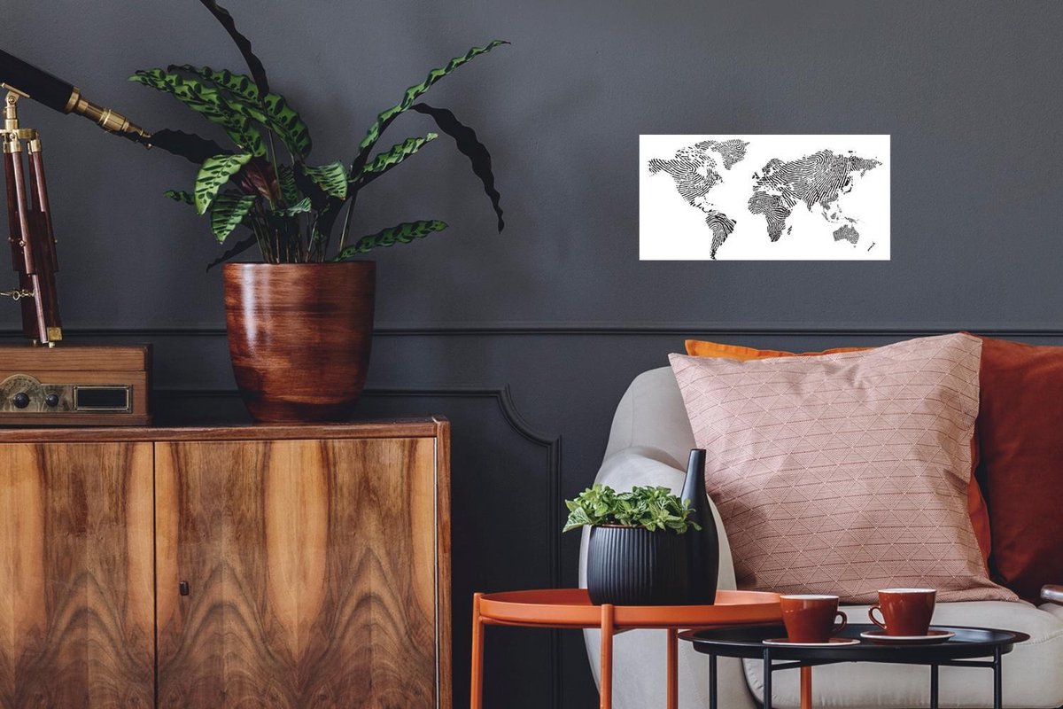 Wereldkaart Muur - Wereldkaart - Vingerafdrukken - Zwart - Wit - 40x20 cm - Poster