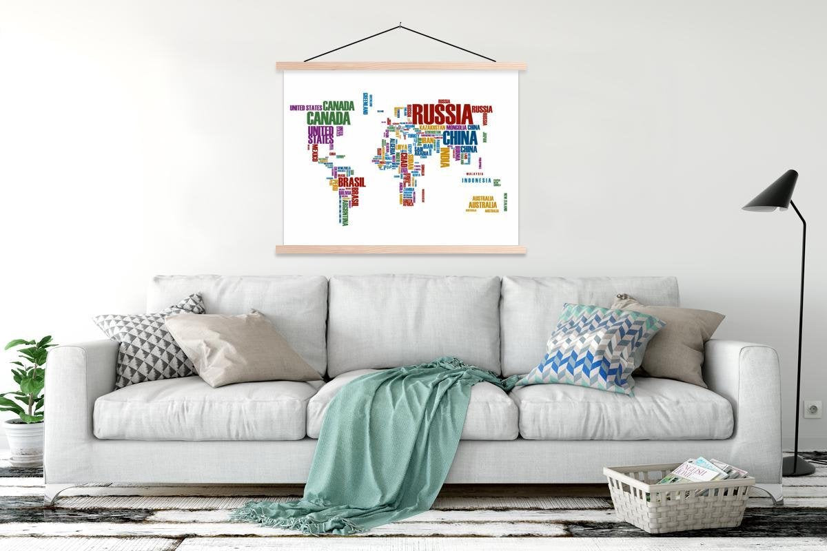 Wereldkaart - Letters - Kleuren schoolplaat platte latten blank