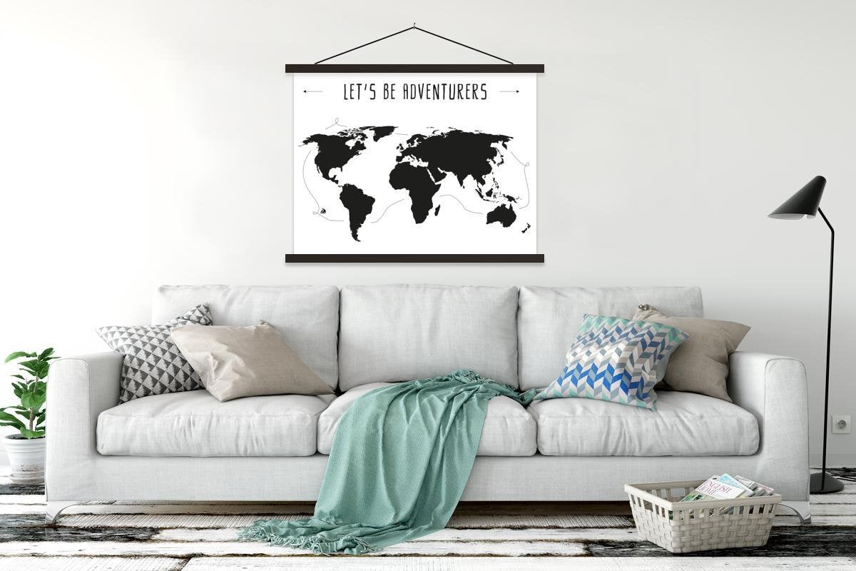 Wereldkaart - Quote - Zwart - Wit schoolplaat platte latten zwart