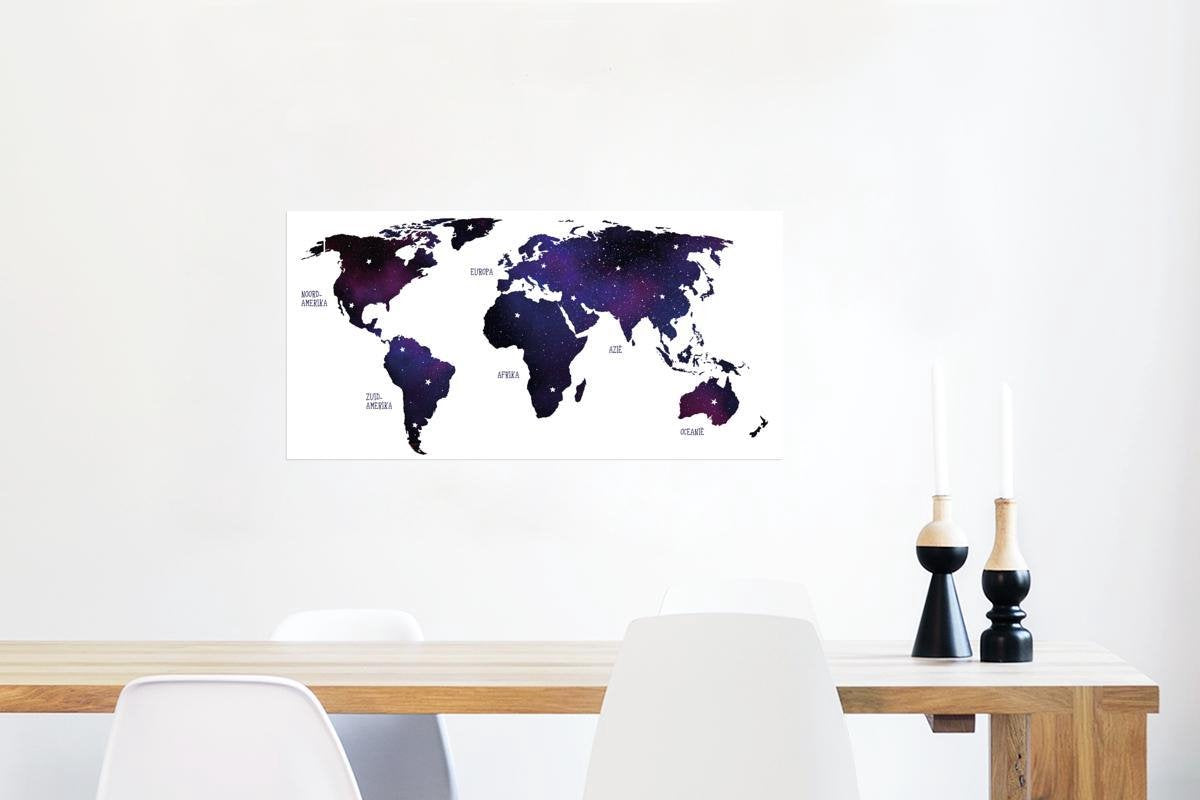 Muurdecoratie - Wereldkaart - Sterrenhemel - Paars - 80x40 cm - Poster
