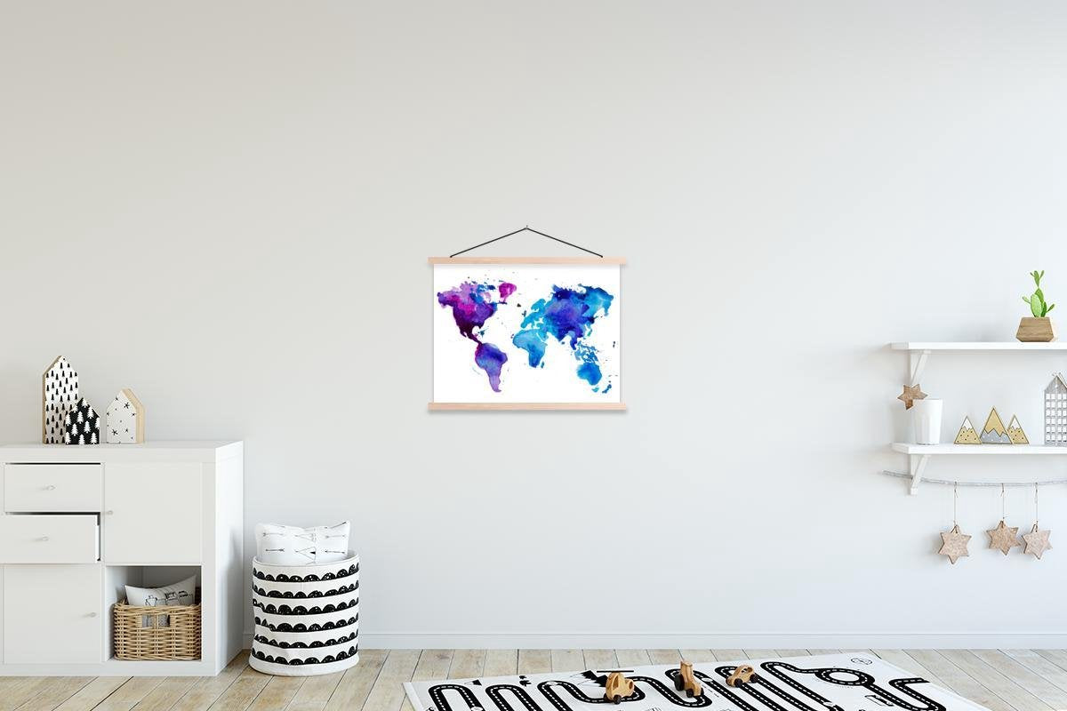 Wereldkaart aquarel blauw lila schoolplaat platte latten blank 40x30 cm - Foto print op textielposter (wanddecoratie woonkamer/slaapkamer)