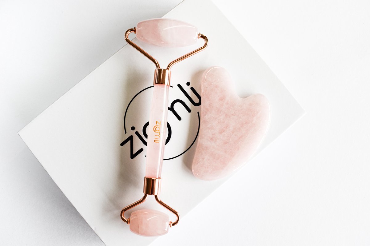 Ziamli rozenkwartz Gezicht roller + Gua sha schraper - 100%  rozenkwartz - Gezicht massage - Premium quality rose quartz
