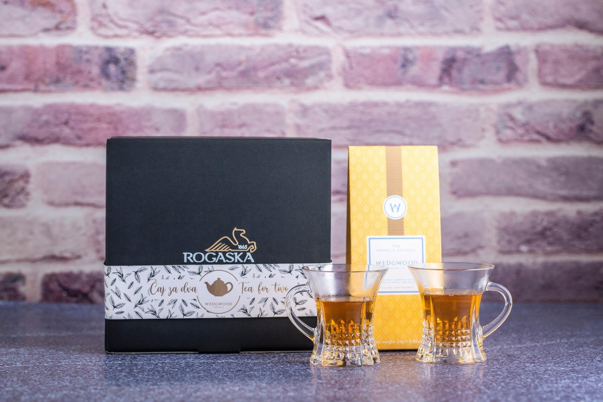 ROGASKA 1665 - DIAMOND Crystal Gift Pack 2 Tea Cups + Wedgwood Tea