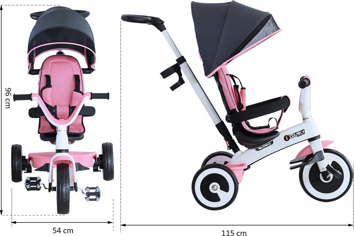 HOMCOM Driewieler 4-in-1 met duwstang en parasol roze