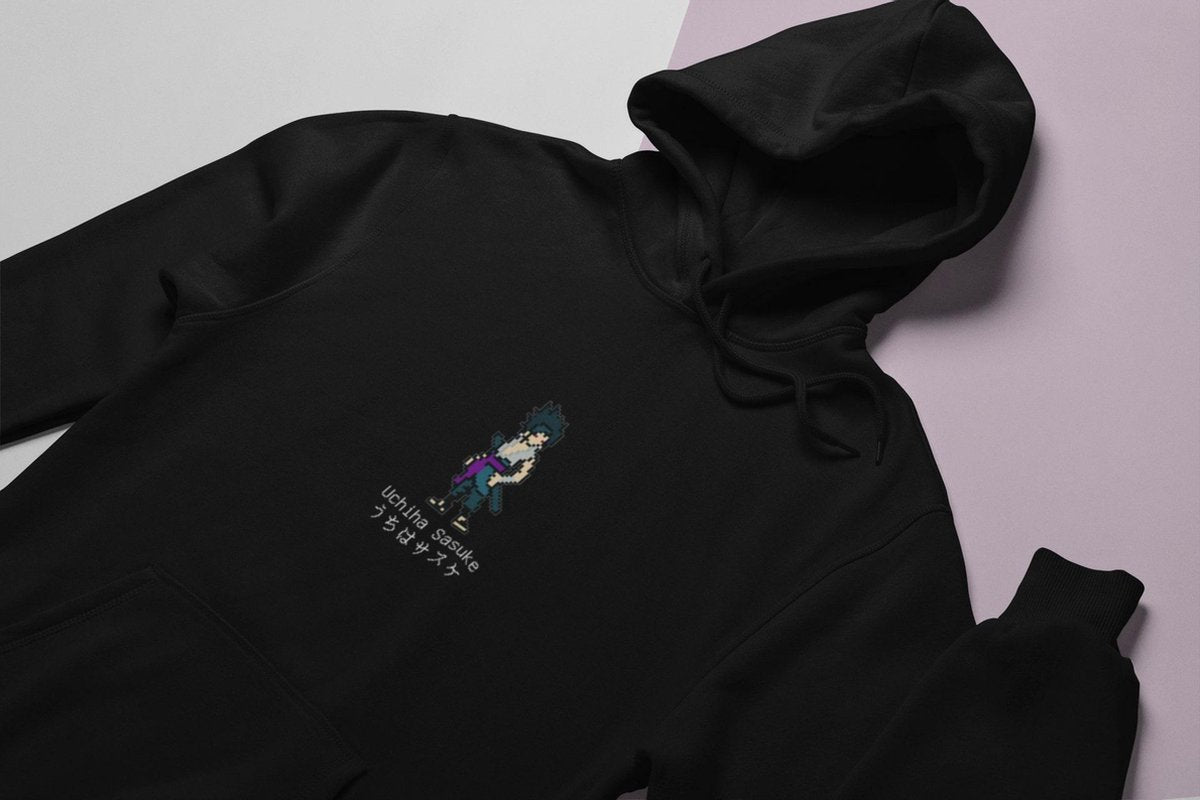Uchiha Sasuke Pixel Anime Merch HOODIE - Maat XS - Merchandise Manga Sharingan Ninja Naruto