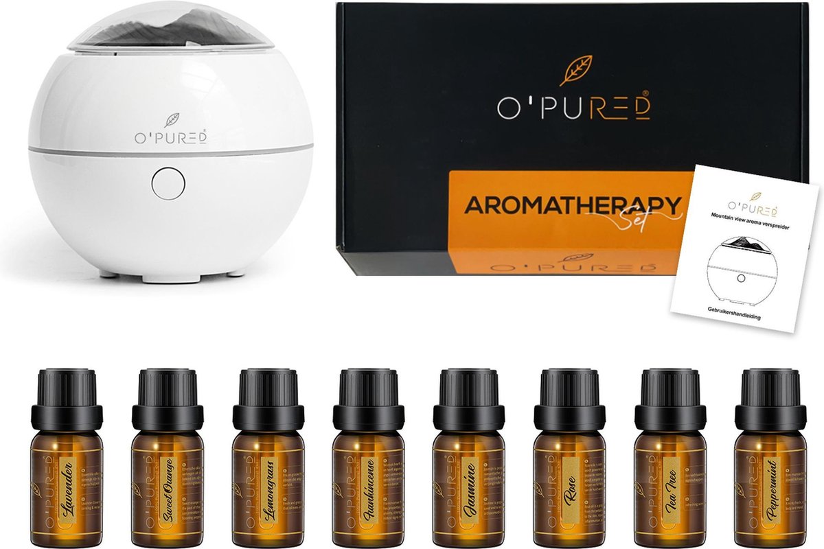 Aroma Diffuser van O’PUREd incl. 8x Etherische Olie | Luchtbevochtiger | Geurverspreider | Aromatherapie Set |Wit