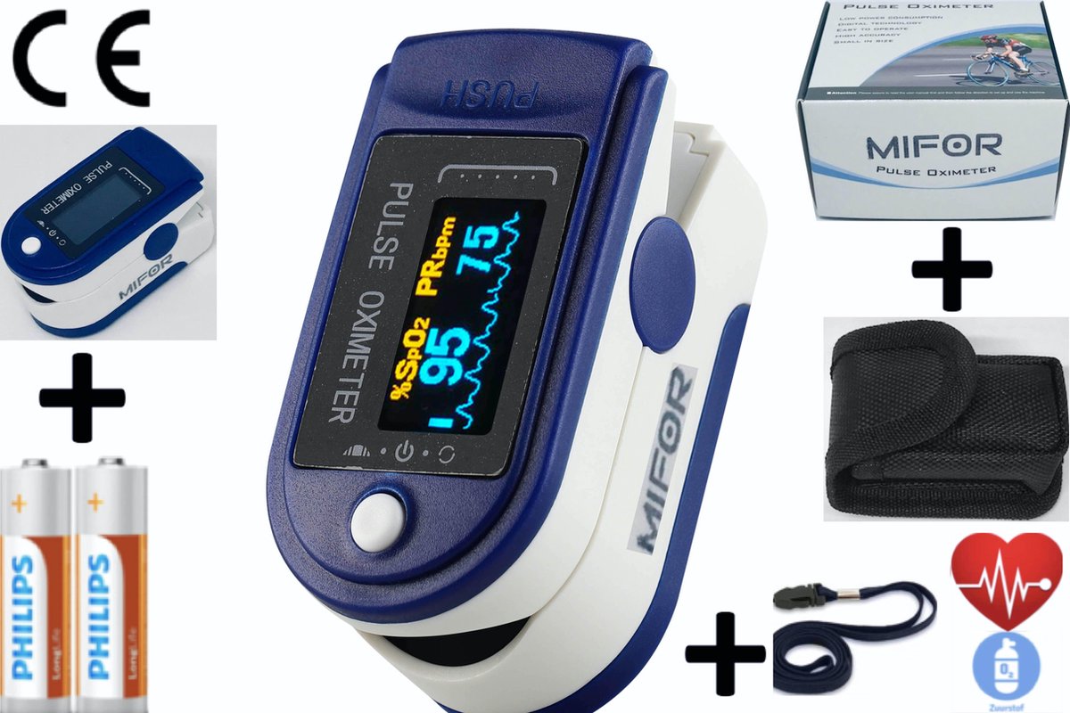 MIFOR® Professioneel Saturatiemeter met Hartslagmeter - INCL. BATTERIJEN & OPBERGTAS & DRAAGKOORD - Oximeter Spo2 - OLED Display - Zuurstofgehalte - Zuurstofmeter Vinger - Kleur Donkerblauw met Wit