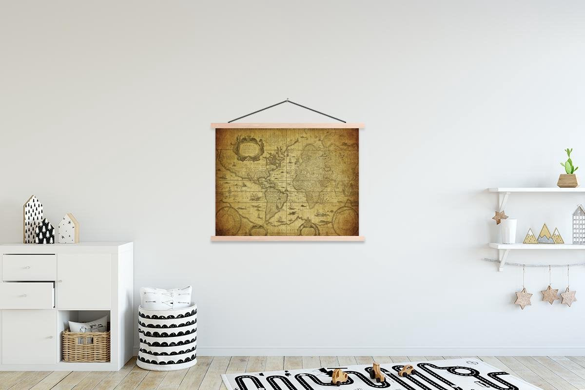 Historische Wereldkaart - Oud - Vintage - schoolplaat platte latten blank 150x113 cm - Foto print op textielposter (wanddecoratie woonkamer/slaapkamer)