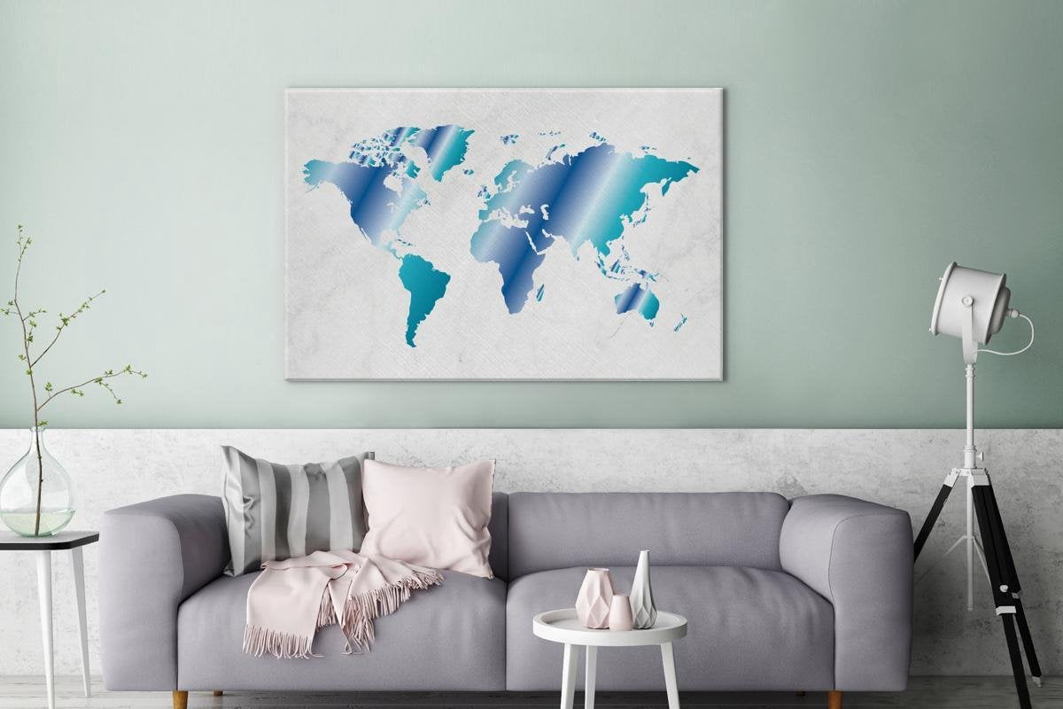 Canvas Schilderijen - Wereldkaart - Blauw - Marmer - 180x120 cm - Wanddecoratie XXL