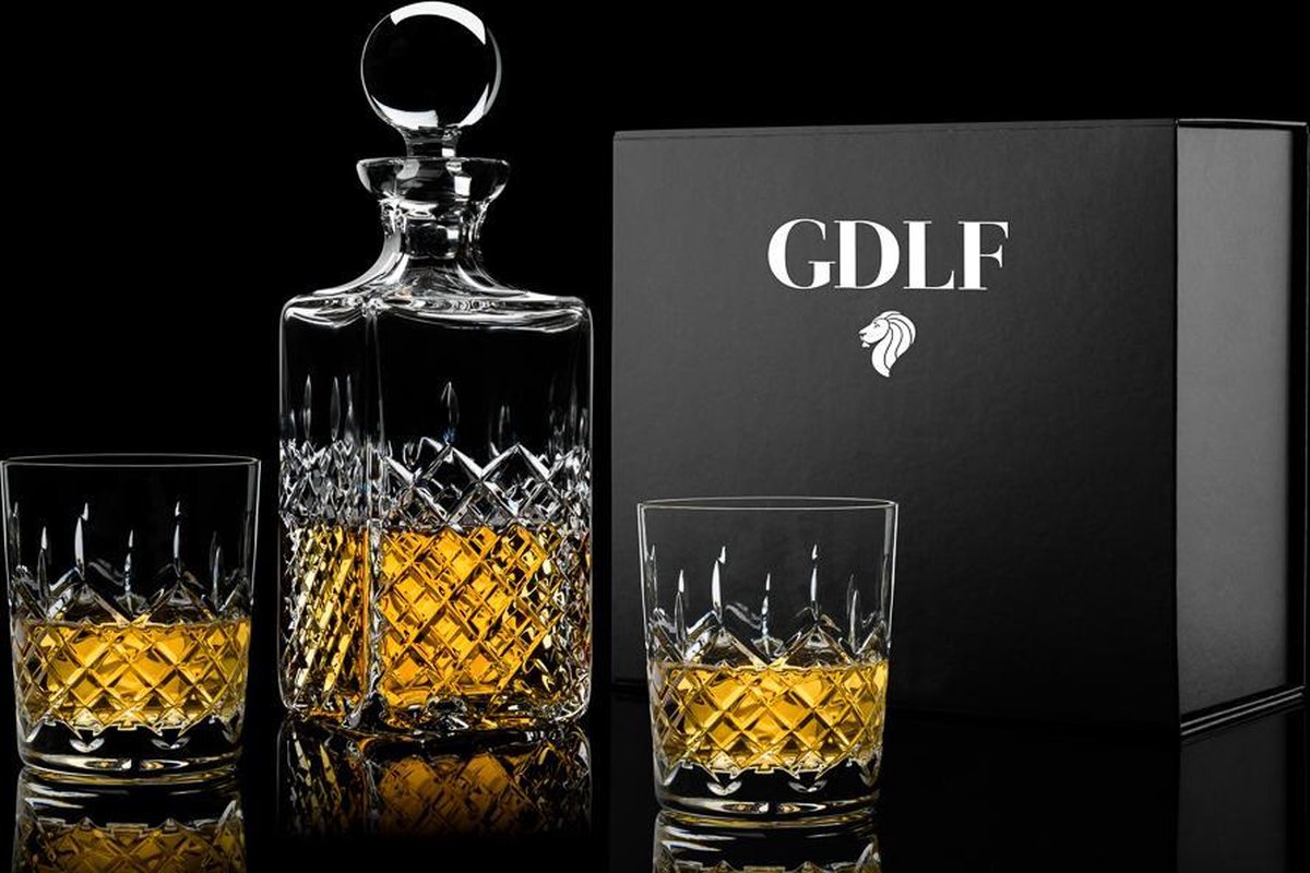 Handgemaakte Kristallen Whiskyset Royal in Luxe Giftbox by GDLF - Whisky karaf & 2 whisky glazen