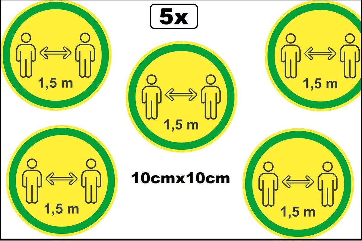 5x Corona sticker houd afstand 10x10cm geel - Corona stickers afstand houden vloer raam muur COVID-19
