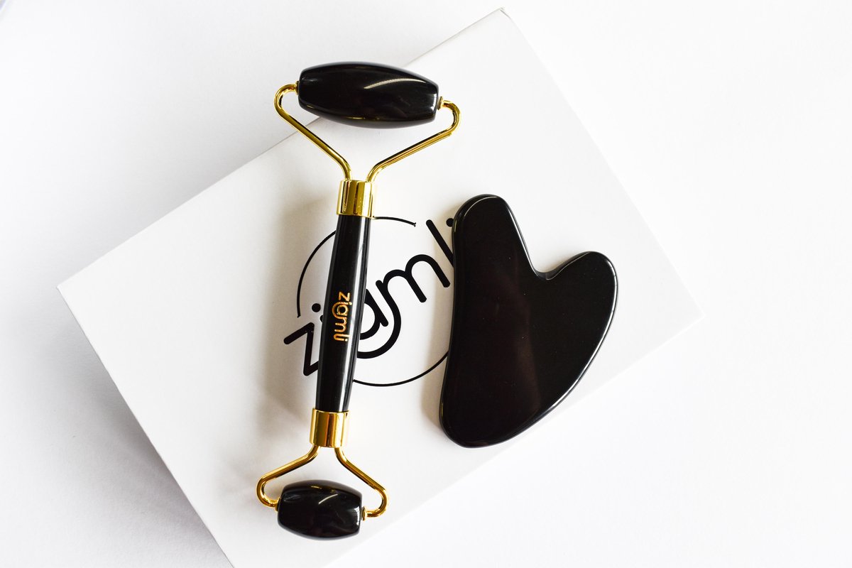 Ziamli obsidiaan Gezicht roller + Gua sha schraper - 100% obsidiaan - Gezicht massage - Premium quality obsidian