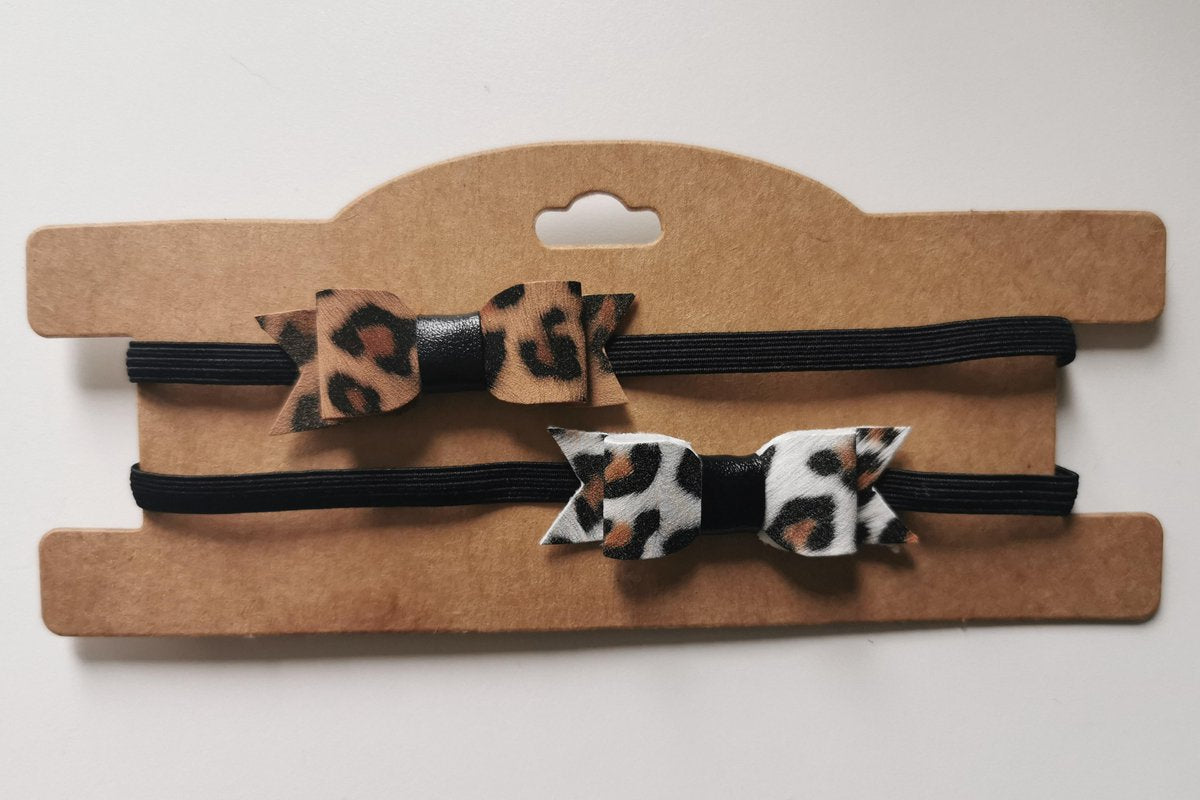 Leopard | Luipaardprint | Wit & Bruine Haarband met Strik|Newborn 0 tot 3 maanden | Baby Meisje | Set van 2