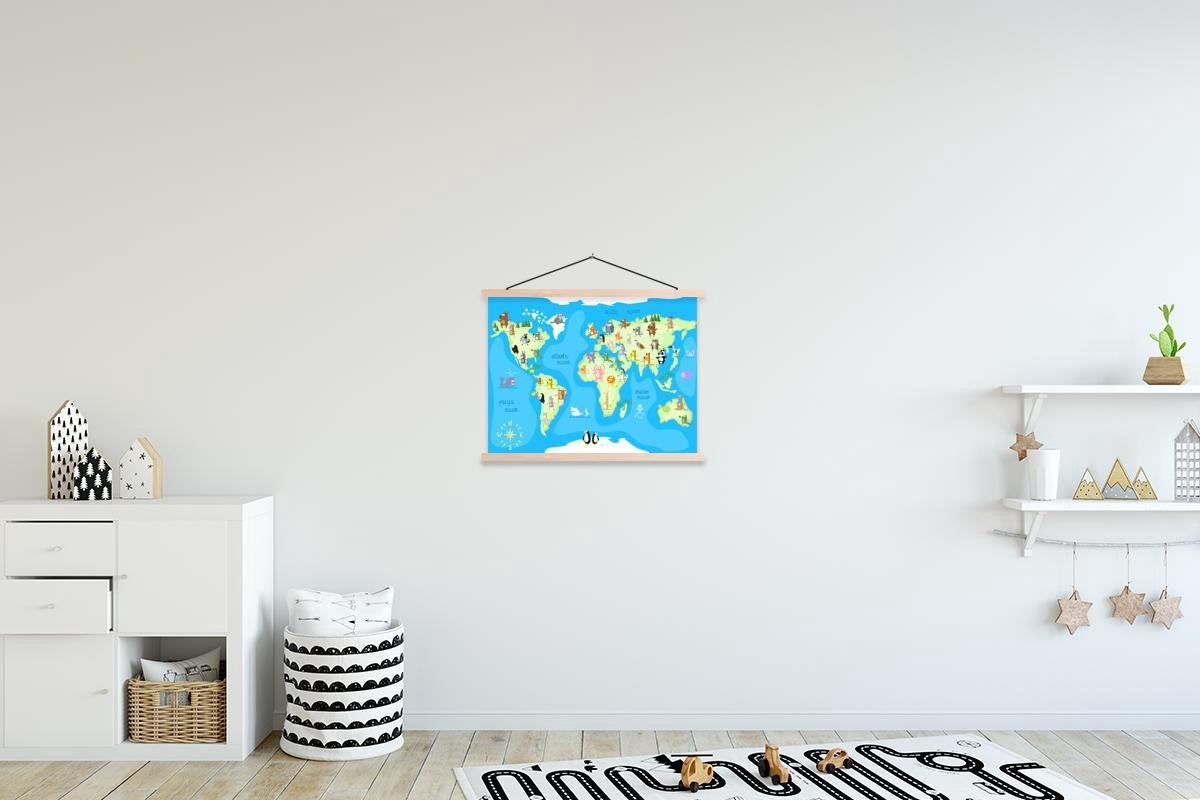 Wereldkaart - Kinderen - Dieren - Atlas schoolplaat platte latten blank