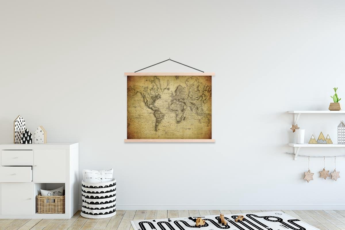 Wereldkaart - Vintage - Antiek schoolplaat platte latten blank