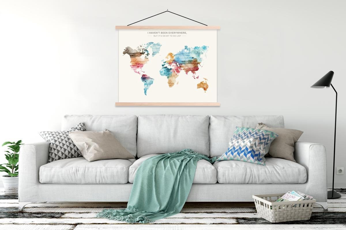 Wereldkaart - Quote - Kleuren schoolplaat platte latten blank