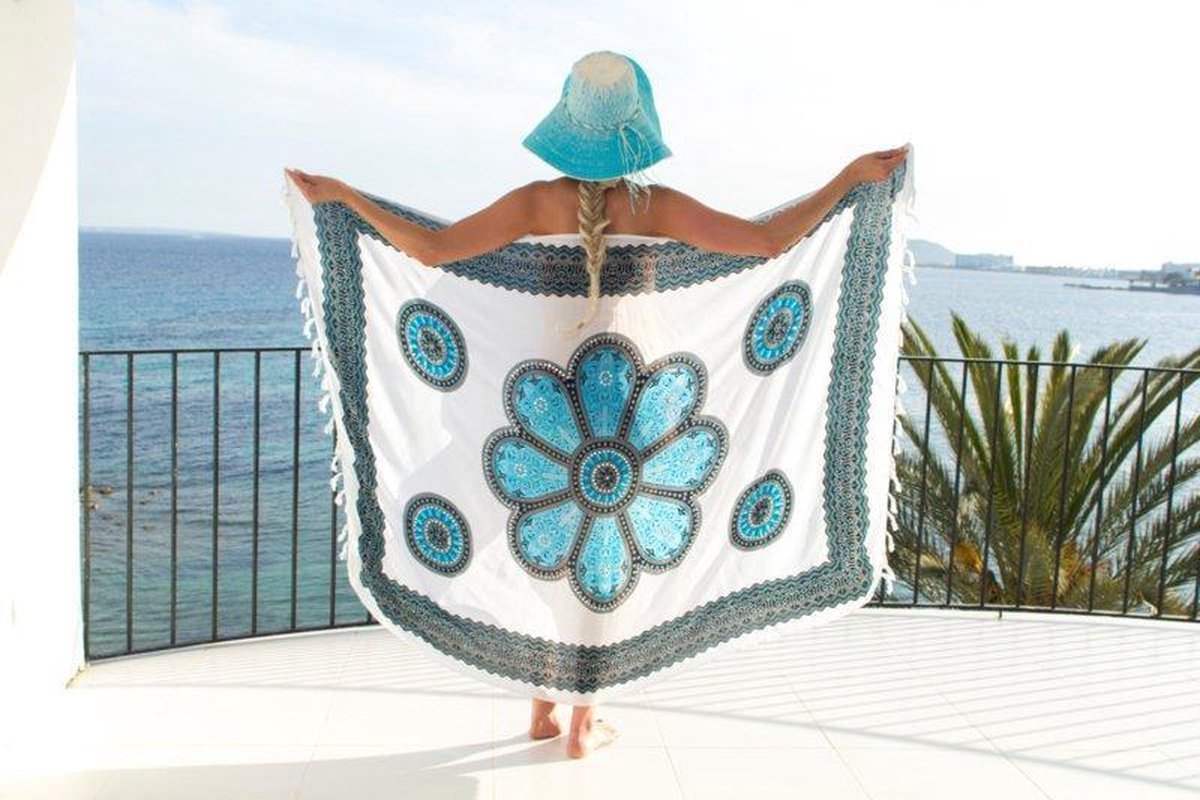 Sarong | 100 x 170cm | Pareo | Saunadoek | Wikkeldoek | Sjaal | Omslagdoek | Bali | Wit | Turquoise