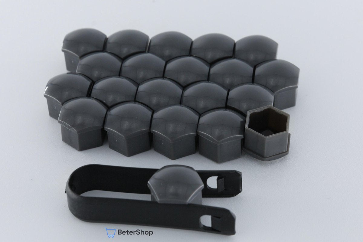 Wielmoerkapjes 21 mm - Grijs / Antraciet Glans - Kunststof - Set van 20 stuks incl. tweezer tool - Universeel