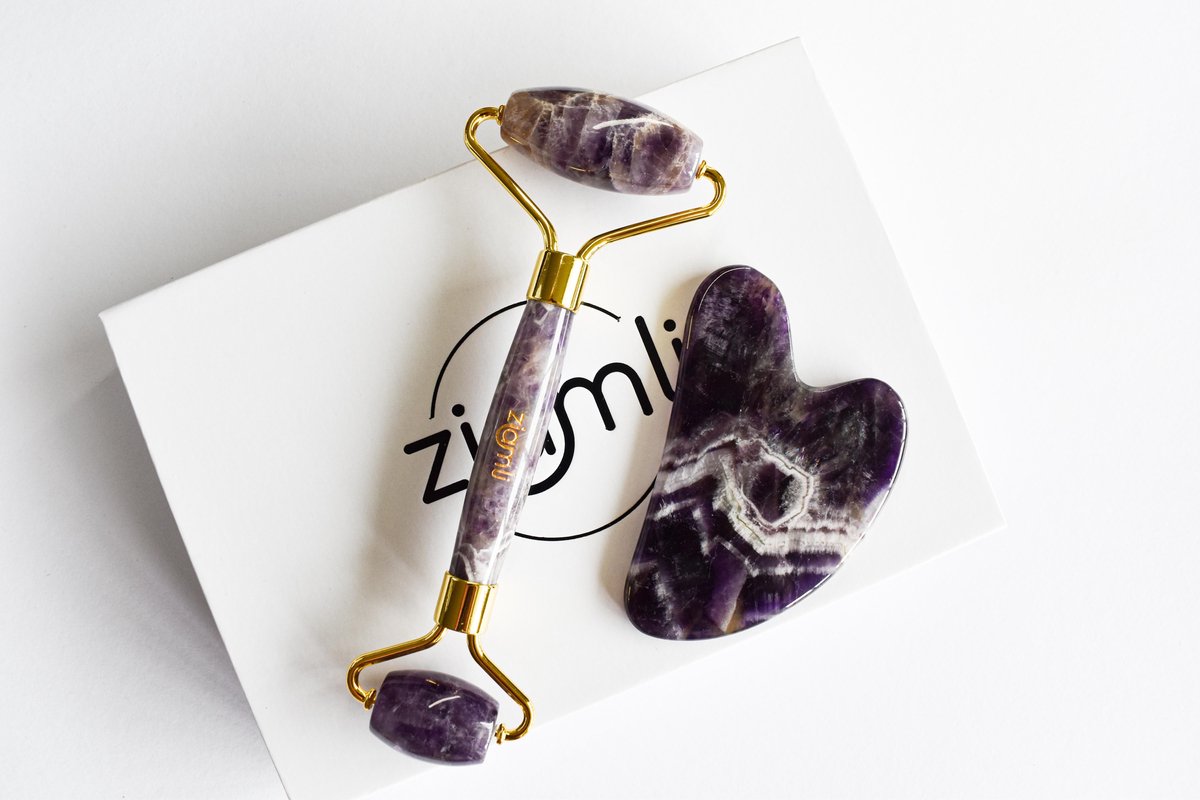 Ziamli amethist Gezicht roller + Gua sha schraper - 100% amethist - Gezicht massage - Premium quality amethyst