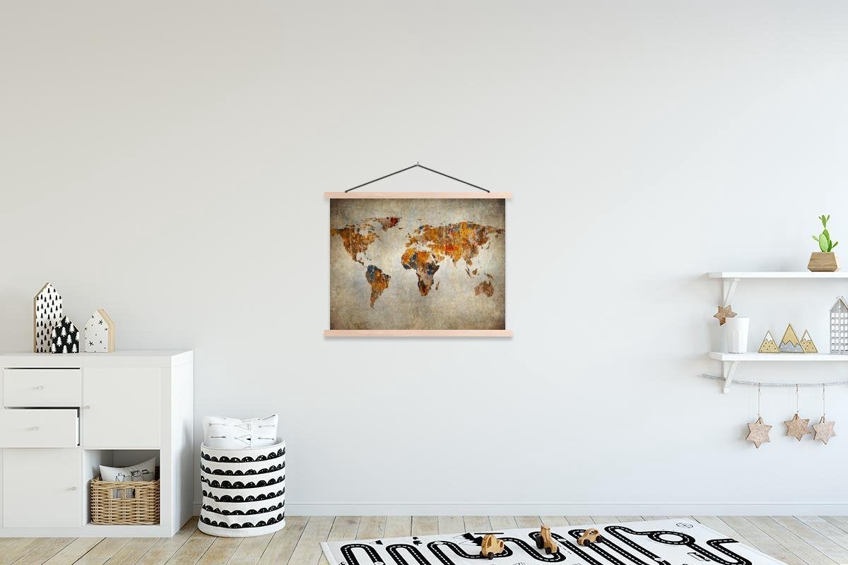 Wereldkaart - Vintage - Abstract schoolplaat platte latten blank